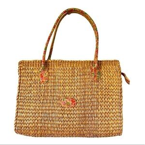Vintage Woven Straw Tote Bag Floral Print Handle Purse Wicker Retro 60s 70s